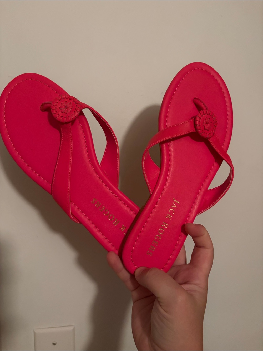 Jack Rogers Hot Pink Leather Thong Sandals with Rosette